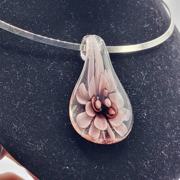 Artisan Made Handblown Glass Flower Pendant Necklace - Picture 2 of 4